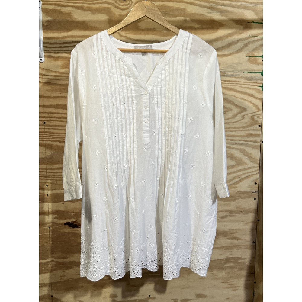 Woman Within Pintuck Eyelet Top Size 18/20 White Cottage Mature Relaxed Boho